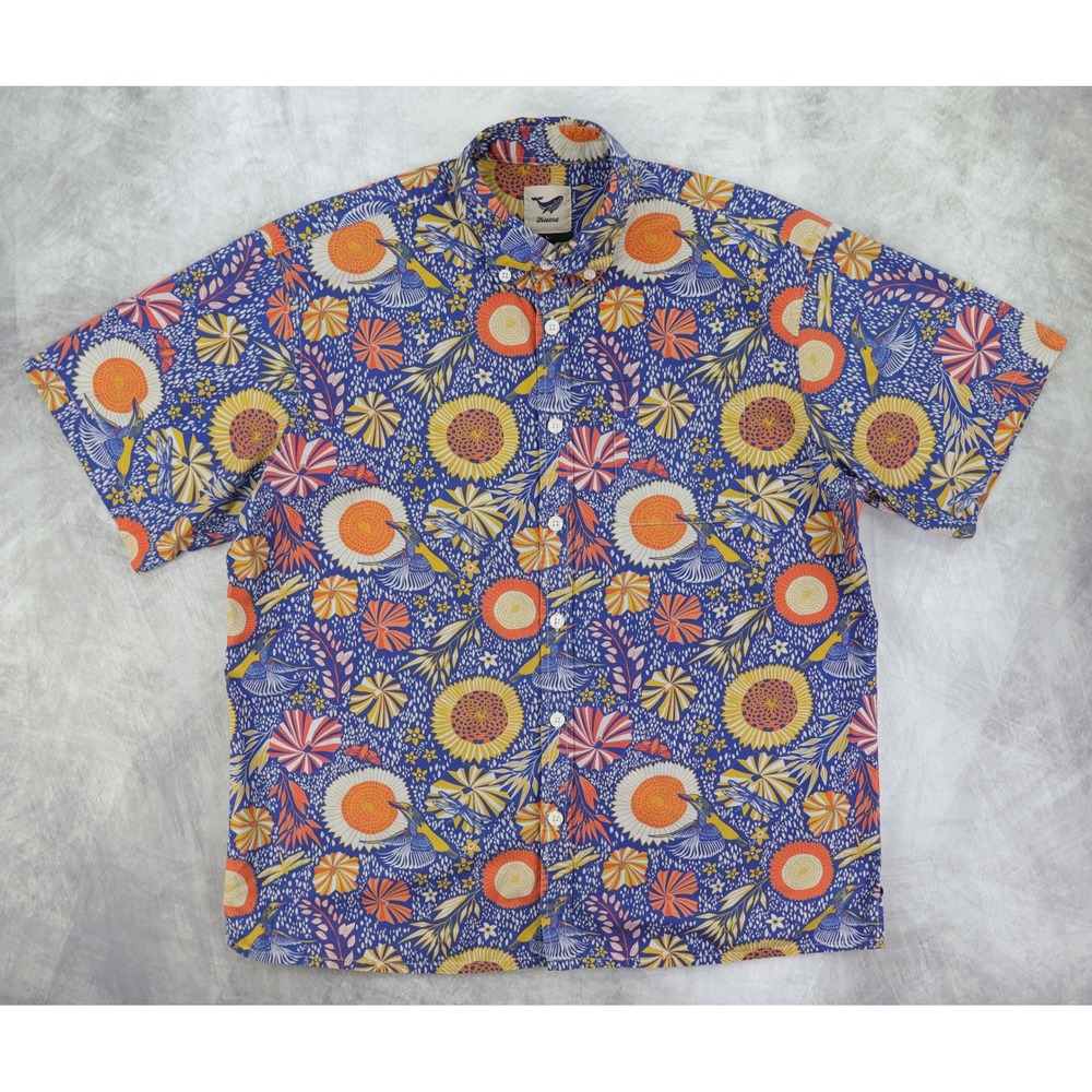 Yiume Hawaiian Shirt Mens Large Sunflower Hummingbird Cotton SS Button Down Blue
